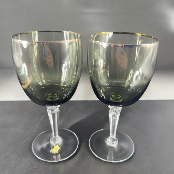 Sasaki Glass Platinum Rim Smokey Green Black Goblet Glasses Cups 7inch Set 2 VTG - Picture 2 of 11